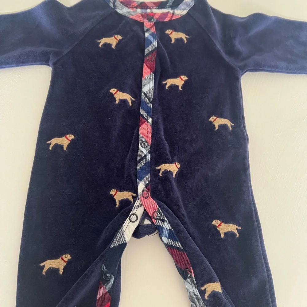 Mud Pie Navy Velour Puppy Dog Footed Sleeper Pajamas 0-3M Plaid Trim Unisex